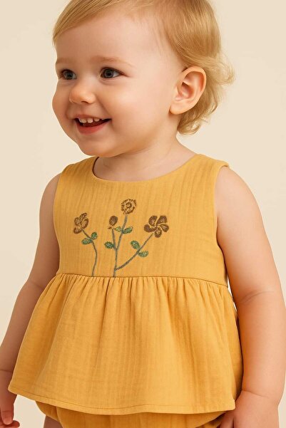 dinamik çocuk %100 Pamuk Kız Bebek/Çocuk Peri Elbise Nakışlı Eteği Parçalı + Külotlu Müslin Organik Takım