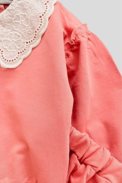 dinamik çocuk Girl's Embroidered Collar, Elastic Legs, Unprinted, Ruffle Detailed, Oversize, Two-Bottom-Top Children's Set