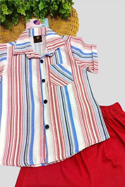dinamik çocuk Boy's Colorful Striped Summer Short Sleeve Shirt with Satin Shorts 2-Piece Set Holiday Set/Full Fit
