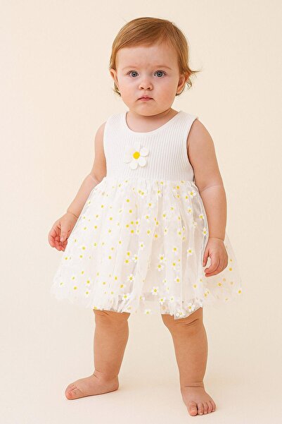 dinamik çocuk Daisy Patterned Tulle Bodysuit Girl's Dress with Ribbed, Sleeveless Summer Bottom Outfit