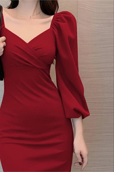 TBL DEKOR Women's Long Sleeve Heart Neck Midi Imported Crepe Dress