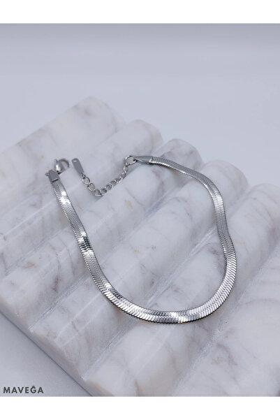 MAVEGA Yassı Ezme Italyan Zincir Bileklik | Kararmaz Çelik, Gümüş Renk, 23 Cm