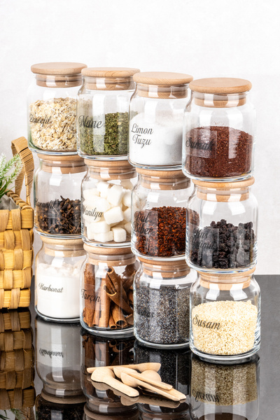 DNS HOME 12-Piece Bamboo Lid Spice Jar Set 12 Storage Containers Jars with Wooden Spoons and Transparent Labels 300 ml