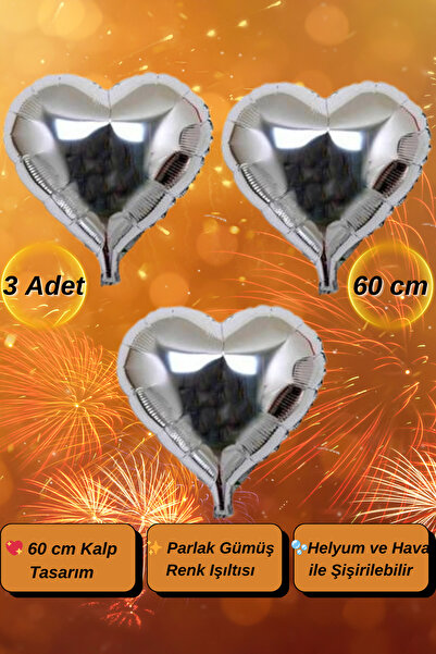 Tamsena Store 3 Adet 60 Cm Helyum Gazı Uyumlu Gümüş Renk Kalp Tasarım Dekorat...