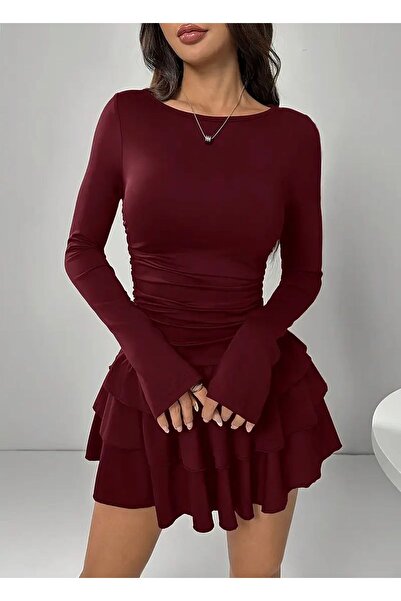 REY-VİA Eteği Kat Kat Volanlı Mini Elbise Tam Kalıp