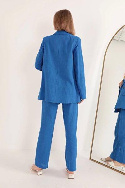 Genel Markalar Keten Kumaş Palazzo Kadın Pantolon-İndigo