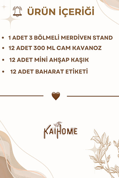 KaiHome Ahşap Merdiven Standlı 12li 300 ml Baharatlık 12 Adet Ahşap Kaşık