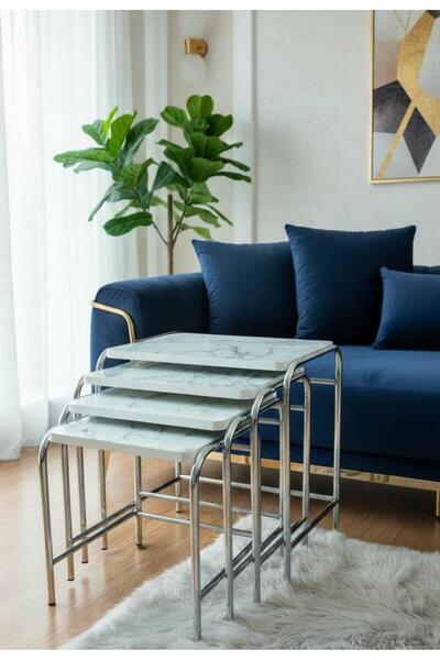 HOMEBELLA Beyaz Mermer Desen Zigon Sehpa 1. Kalite Krom Nikelaj Tse E1 Onaylı Malzeme Üreticiden