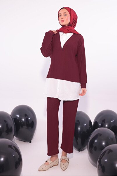 TRENDTESETTÜR Women's Burgundy Shirt with Garnished Pants Suit t 6174