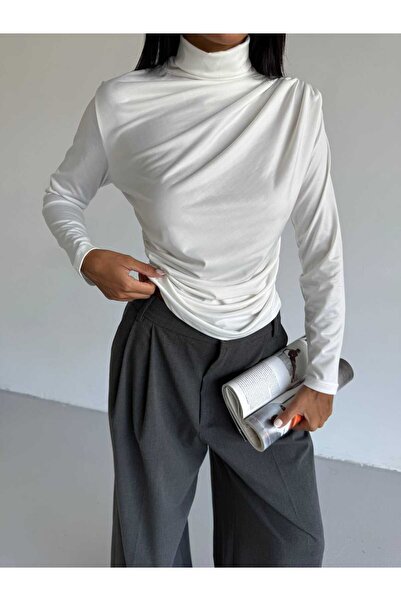 trendhazan A KALİTE BOĞAZLI SANDY KUMAŞ DRAPELİ BLUZ