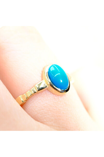 FasekGold Gümüş Yüzük - Firuze-Turkuaz Taşlı Oval Kesim Boğumlu Modern Tasarım 925 Ayar Gümüş Tektaş Yüzük