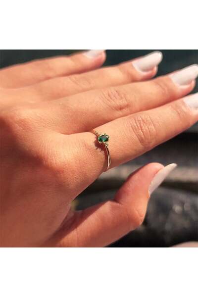 FasekGold Gümüş Yüzük - 0.30 Karat Zümrüt Yeşili Tria Evlilik Teklifi Gümüş Yüzük - Doğal Taş Hediyelik Yüzük