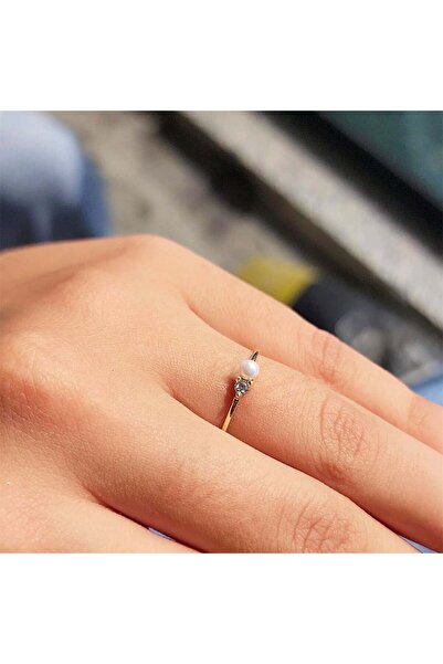 FasekGold Beyaz İnci Minimal Pırlanta (Signity) Taşlı Hediye 925 Ayar Gümüş Yüzük-İncili Gümüş Tek Taş Yüzük