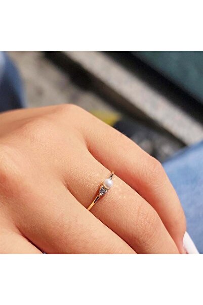 FasekGold Beyaz İnci Minimal Pırlanta (Signity) Taşlı Hediye 925 Ayar Gümüş Yüzük-İncili Gümüş Tek Taş Yüzük