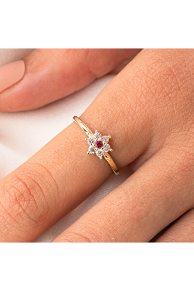 FasekGold Gümüş Yüzük - Mini Papatya Ruby Taşlı Minimal Tasarım 925 Ayar Gümü...