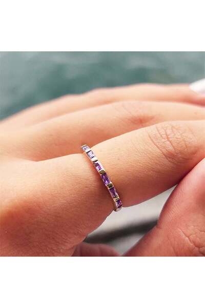 FasekGold Gümüş Yüzük - Ametist Taşlı Sıralı Baget Modern 925 Ayar Gümüş Alyans-Modern Eklem Yüzüğü