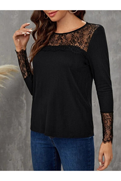ARONA Mdb Women's Long Sleeve Crew Neck Lace Detailed Twist Blouse