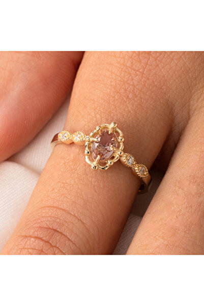 FasekGold Tektaş Altın Yüzük - 14 Ayar Altın 0.60 Karat Oval Zultanit Taşlı T...