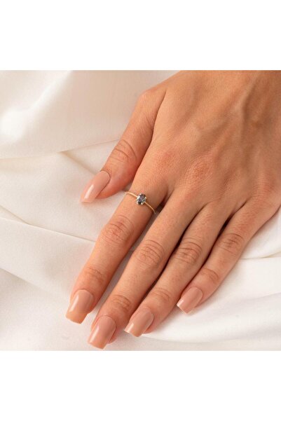 FasekGold Tektaş Altın Yüzük - 14 Ayar Altın 0.90 Karat Oval Mistik Topaz Taşlı Yüzük - Tek Taş Altın Yüzük