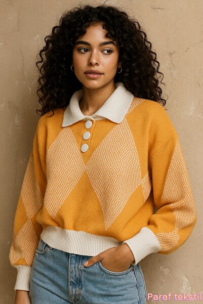 PARAF TEKSTİL Kadın Oversize Renkli Baklava Desenli Triko Kazak