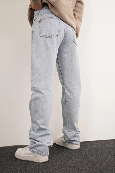 viking's line Erkek Baggy Jeans buz mavi kar yıkama wide leg pantolon