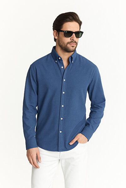 UTTBASİC Lacivert  Oversize Dokulu Gömlek