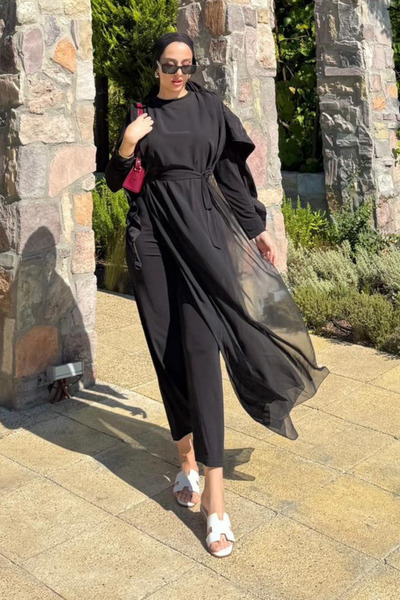 Tesettür Diyarı Kadın Seyyar Kemerli Şifon Uzun Tulum Elbise- Siyah