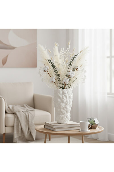 Living مزهرية سيراميك بيضاء ذات ملمس طبيعي، ارتفاع 40 سم