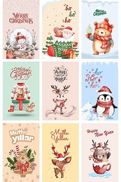 Bimotif 9lu Simli Yılbaşı Kartpostal Seti (Yeni Yıl Figürleri)