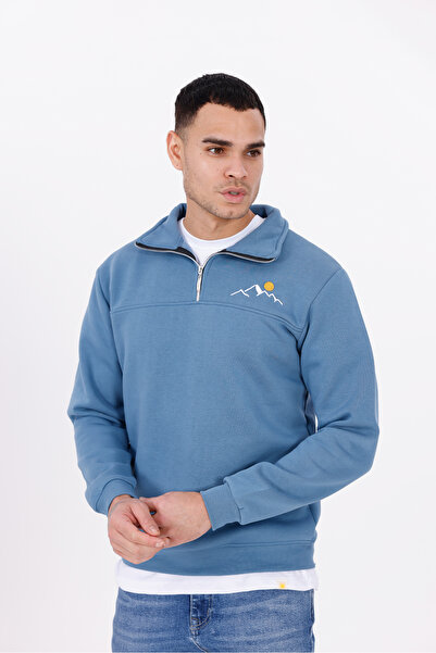 steeprockt Erkek Yarım Fermuarlı Rahat Kesim Relax 3 İplik İçi Polarlı Pamuklu Dik Yaka Mavi Sweatshirt