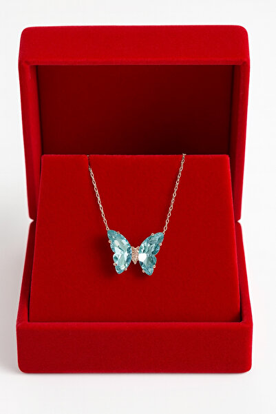 A-STİL TAKI 925 Ayar Gümüş Hediye Kutu Akuamarin Taşlı Kelebek Kolye