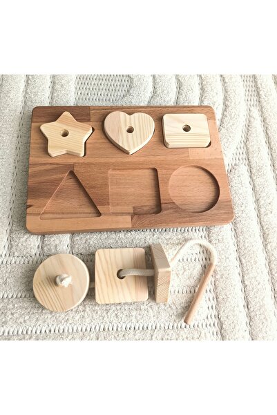 Moccotoys Montessori Non-Removable Geometric Shapes and Stringing Wooden Play Set