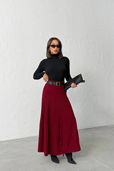Lusin Women's Burgundy Pleated Detailed Long Knitwear Skirt