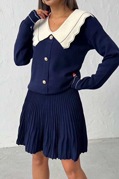Lusin Női sötétkék, stílusos gallérral díszített kardigán blúz szoknya alsó felső kétrészes szett (új szín)