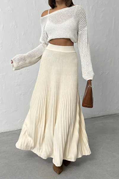 URİS Fusta lungă de tricotaj cu pliuri crem pentru damă