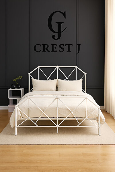 Crestj إطار سرير معدني مزدوج - أبيض كلاسيكي، تصميم عصري لشخصين، 200×200 سم