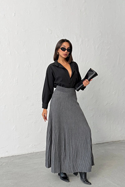 Lusin Women's Gray Pleated Detailed Long Knitwear Skirt