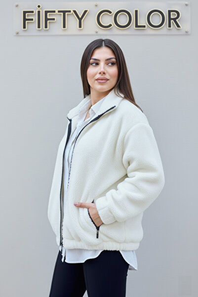 Fifty Color Women's Oversize Plush, Fleece, Zippered, Stand Collar, Pocket Zipper, Warm Soft Winter Coat