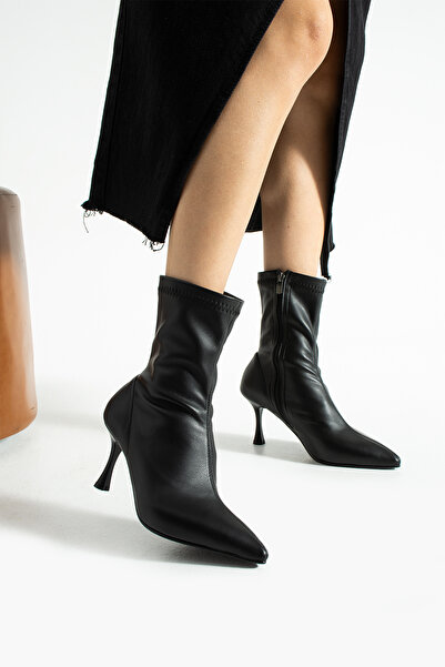 RevanStep Kadın Siyah Streç Cilt Bot 7cm - Sivri Burun Yandan Fermuarlı İnce Topuklu Sock Boot