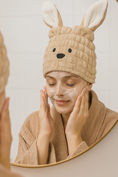 CAŞ DEKORASYON Rabbit Figured Cream Hair Towel - Elastic Cap