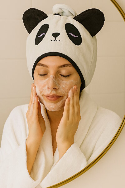 CAŞ DEKORASYON Білий рушник для волосся з фігуркою панди та гумкою / Bonesi