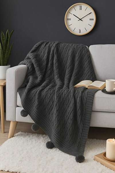 Arca Weaving Triko Ponponlu TV Battaniye- Diz Şalı- Dokuma Koltuk Örtüsü