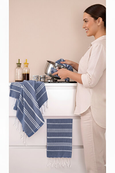 Miracolo Home Sultan Peşkir Set of 2 Navy Blue Drying Cloths with White Stripes 50X80