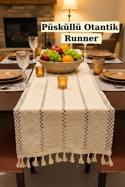 KAMİZ Püsküllü Otantik Desen RunnerBohem Runner Çeyiz Seti 35x140 Cm