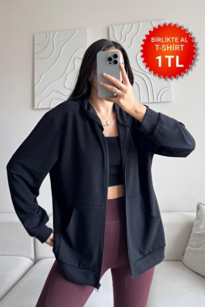 SOO Modal Kumaş Relax Fit Uzun Kollu Cepli Kapşonlu Fermuarlı Siyah Kadın Sweatshirt Ve T-shirt Kombin