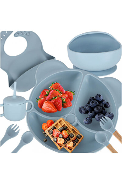 Ikonka Set complet de hranire copii pentru diversificare hrana, 8 piese din silicon cu fixare in ven