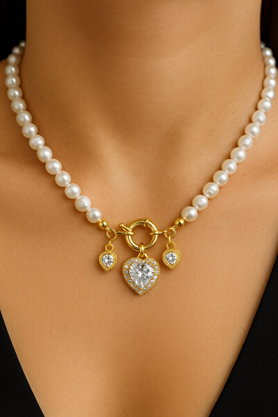 MinimalistTasarım Kalpli Gerçek Inci Kolye, Incili Altın Kolye, Istiridye Inc...