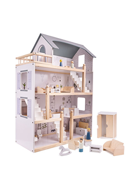 kik Casuta de Papusi, din Lemn, 4 Niveluri, 5 Camere si Terasa, 3 Scari, 4 Figurine, 19 Piese