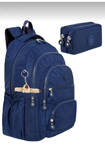 çantamgelsin Set of 2 Luxury Crinkle Fabric High School and Middle School Backpack + Pen Holder, Monkey Keychain Gift