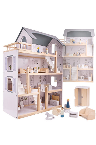 kik Casuta de Papusi, din Lemn, 4 Niveluri, 5 Camere si Terasa, 3 Scari, 4 Figurine, 19 Piese